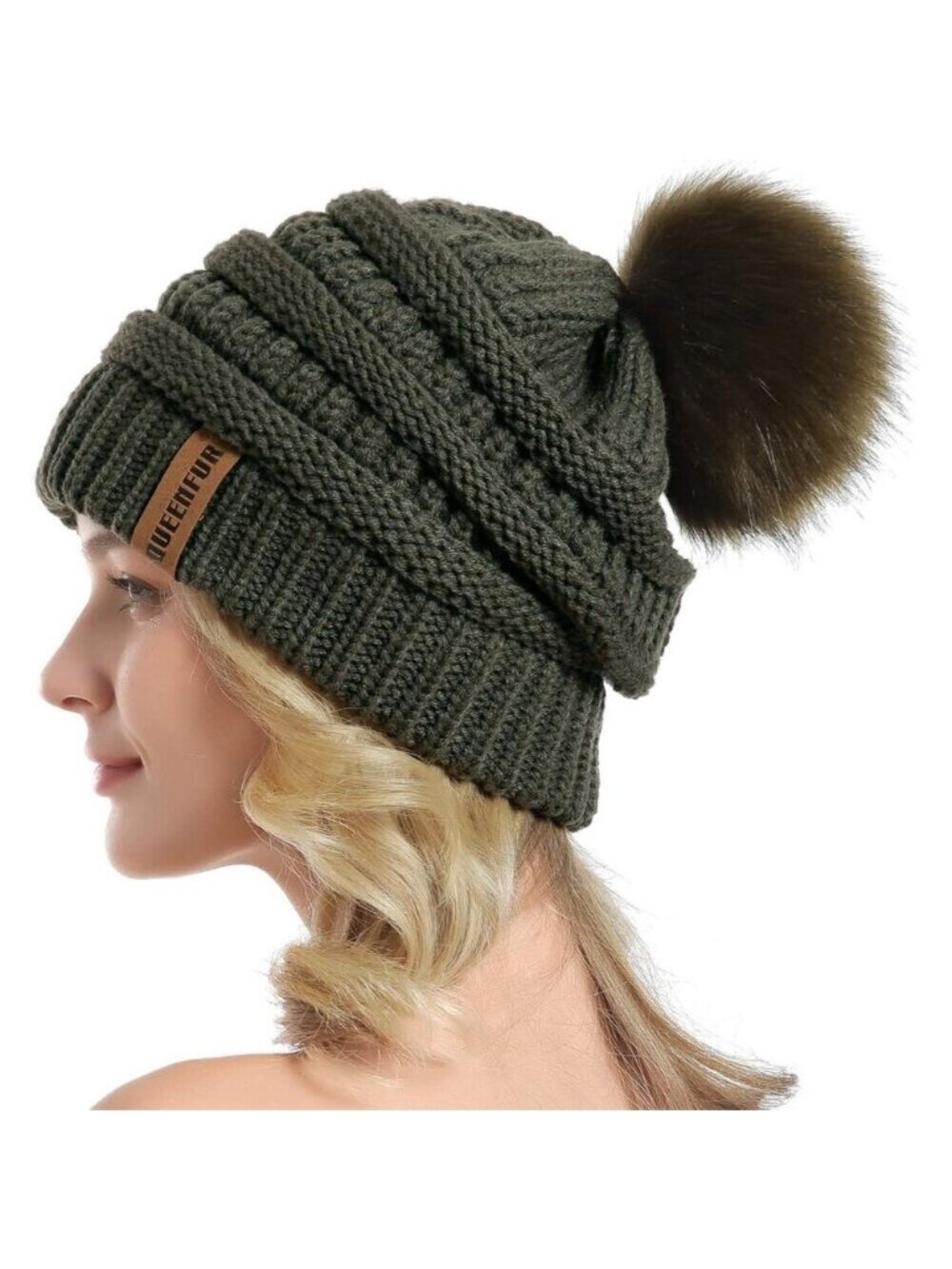Women Dark Olive Soft Acrylic Thick Baggy Knit Winter Faux Fur Pompom Beanie